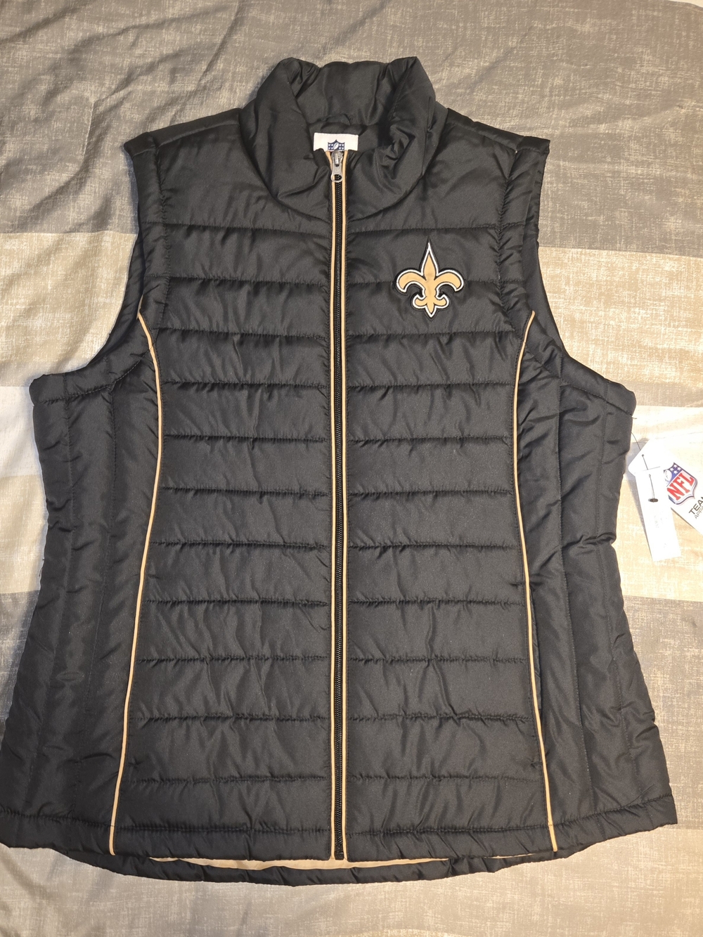 NFL New Orleans Saints Black Quilted Puffer Vest with Gold Trim